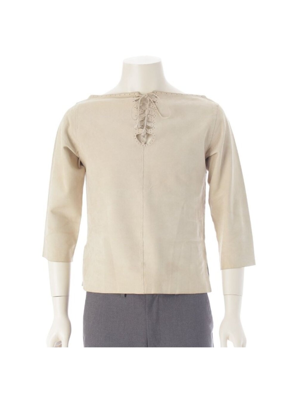 Hermes Gaultier Era Suede Lambskin Open Front Slash Neck Lace-up Top Off White